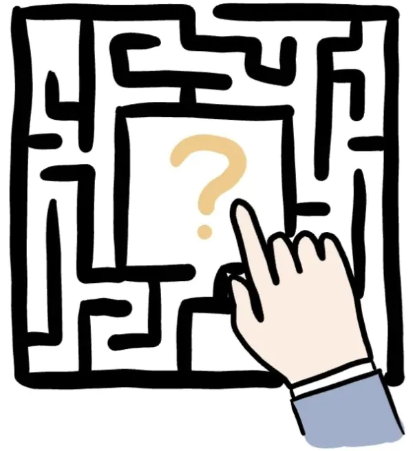 A hand-drawn graphic picture of a hand with the index finger pointing at a yellow question mark that is in the center of a maze.