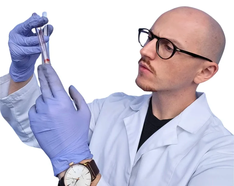 Break Bad Marketing: Gjorgji Cvetkovski analyzing his experimentation results, wearing a white lab coat and blue gloves, inspired by his mission to improve direct response strategies for his info product and eCommerce clients.