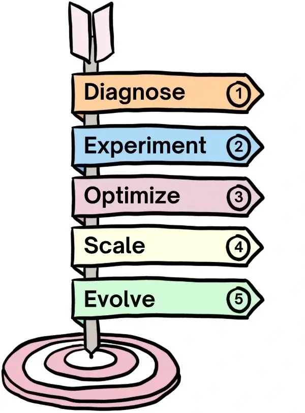 The D.E.O.S.E. Principle: A hand-drawn graphic picture of a vertical arrow hitting a target while all the 5 steps of the D.E.O.S.E. principle (for growing eCommerce and info-products businesses) is placed on the arrow. From top to bottom: Diagnose, Experiment, Optimize, Scale, Evolve.