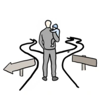 A hand drawn graphic image of a man holding a baby in his arms while looking at a path that splits into two directions.