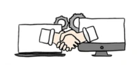 A hand drawn graphic image of two hands shaking coming out of a lap top and a desktop monitor while there are two engineering gears behind them.