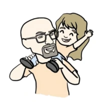 A hand drawn graphic image of a bald man smiling and looking at his daughter while she is smiling back and sitting on his shoulders.