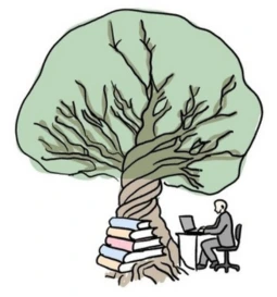 A hand drawn graphic image of a man working on his laptop near a tree that is spiraling and growing fast with greenery. At the base of the tree are a bunch of books stacked on top of each other.