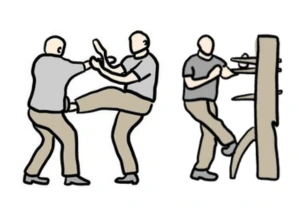 A hand drawn graphic image of two male training partners practicing Wing Chun Kung Fu on the left side and a single man practicing Wing Chun on a wooden dummy.