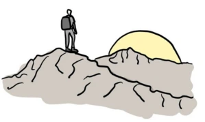 A hand drawn graphic image of hiking man standing on top of a hill looking at the mountains (that hide the Sun) ahead that he is about to conquer.